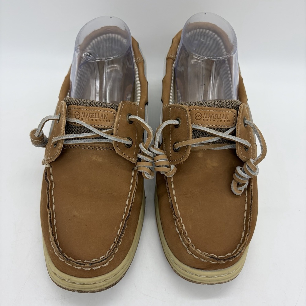 Magellan Womens 8.5 Shoes Boat Deck Brown Tan Leather Comfort Flat Round Toe - Picture 3 of 11